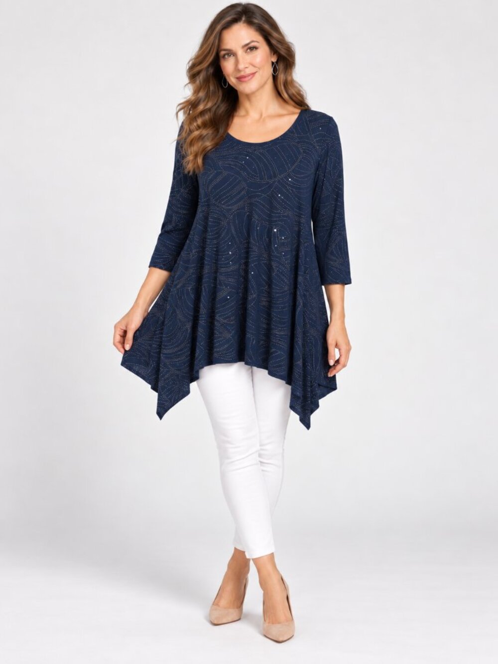 NWT Antthony Original Large Navy Rhinestone Studded Sharkbite Tunic Top 3/4 Slee